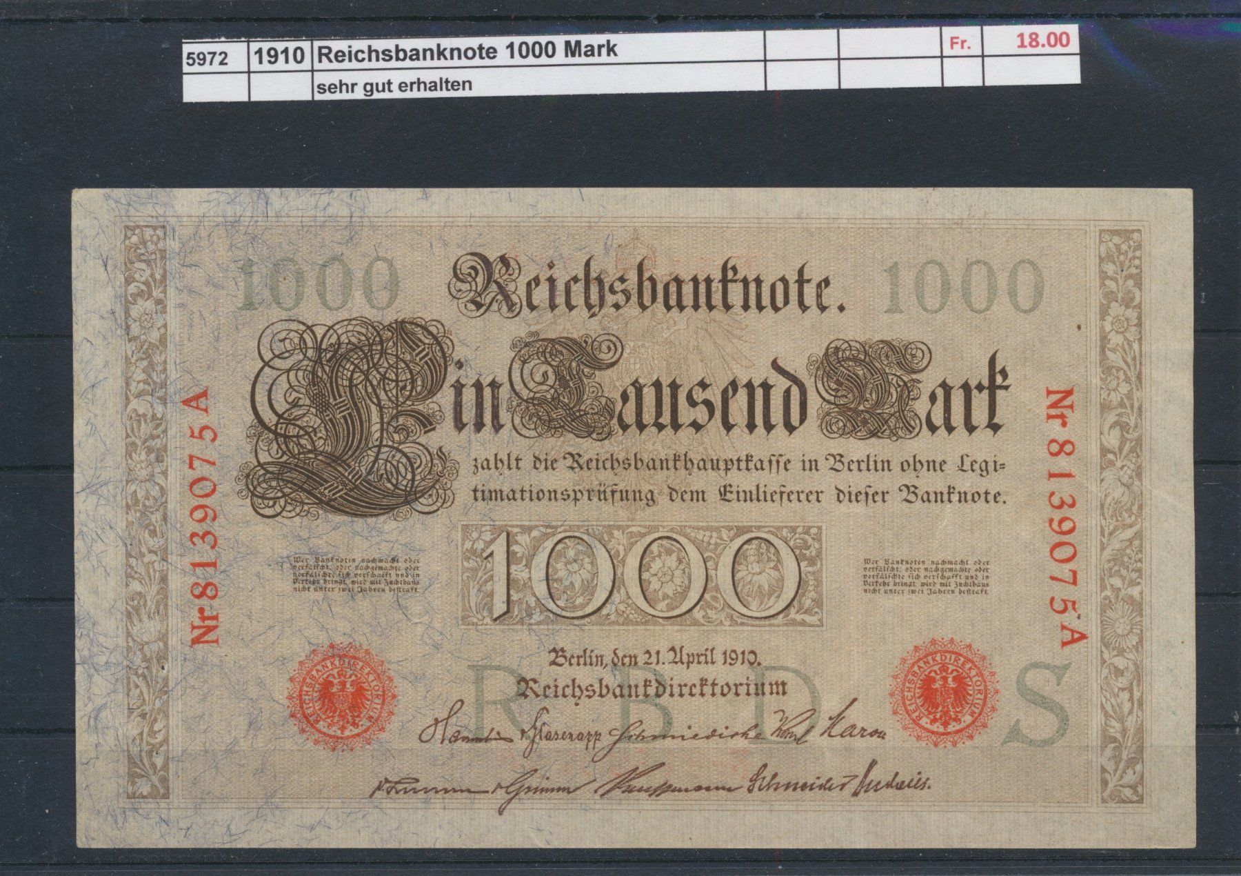 Billets de banque: 1910 DR, "Reichsbanknote - 1000 Mark", gebraucht – D'occasion à Winterthur par Zupogeru