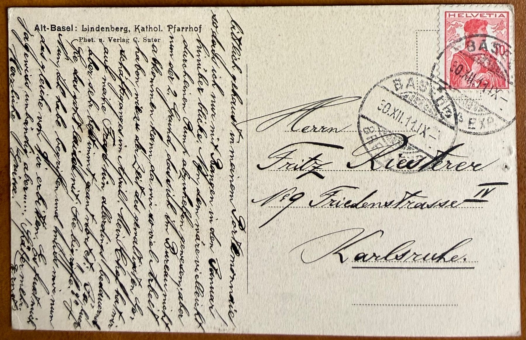 Cartoline postali: Basel - Lindenberg, Katholische . Pfarrhof. 1911 – Usato da Lutry venduto da Ediego 1