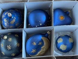 6 Weihnachtskugeln blau-gold: Mond, Sterne ,Perlen, Glitzer