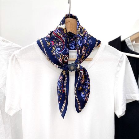 New 53cm Silk Scarf, Floral Paisley Boho Halstuch, Navy Blue