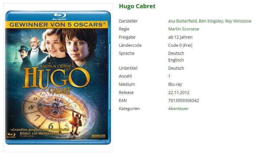Tous les DVDs: Hugo Cabret (Bluray) – D'occasion à Emmetten par SVollenweider