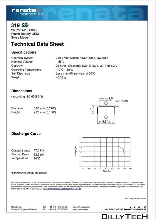 Caricatori & Batterie: Renata 319 Box, SR527SW Knopfzellenbatterie - 3 Stk. – Nuovo e nell'imballaggio originale da Erlenbach ZH venduto da dillytech.ch 3