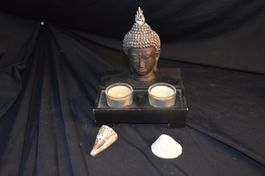 Buddha Kopf Kerzenhalter Dekoration mit Muscheln 2 Kerzen