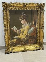 Gesticktes Bild, Holzrahmen, Frau mit dem Buch, selbstgemach