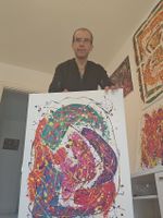 Tableau abstrait multicolore peinture sur toile signée