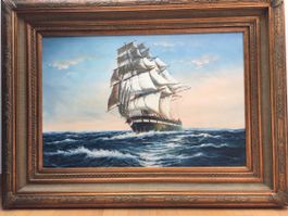 Large (120 x 90 cm) ornate framed Tall Ship  painting