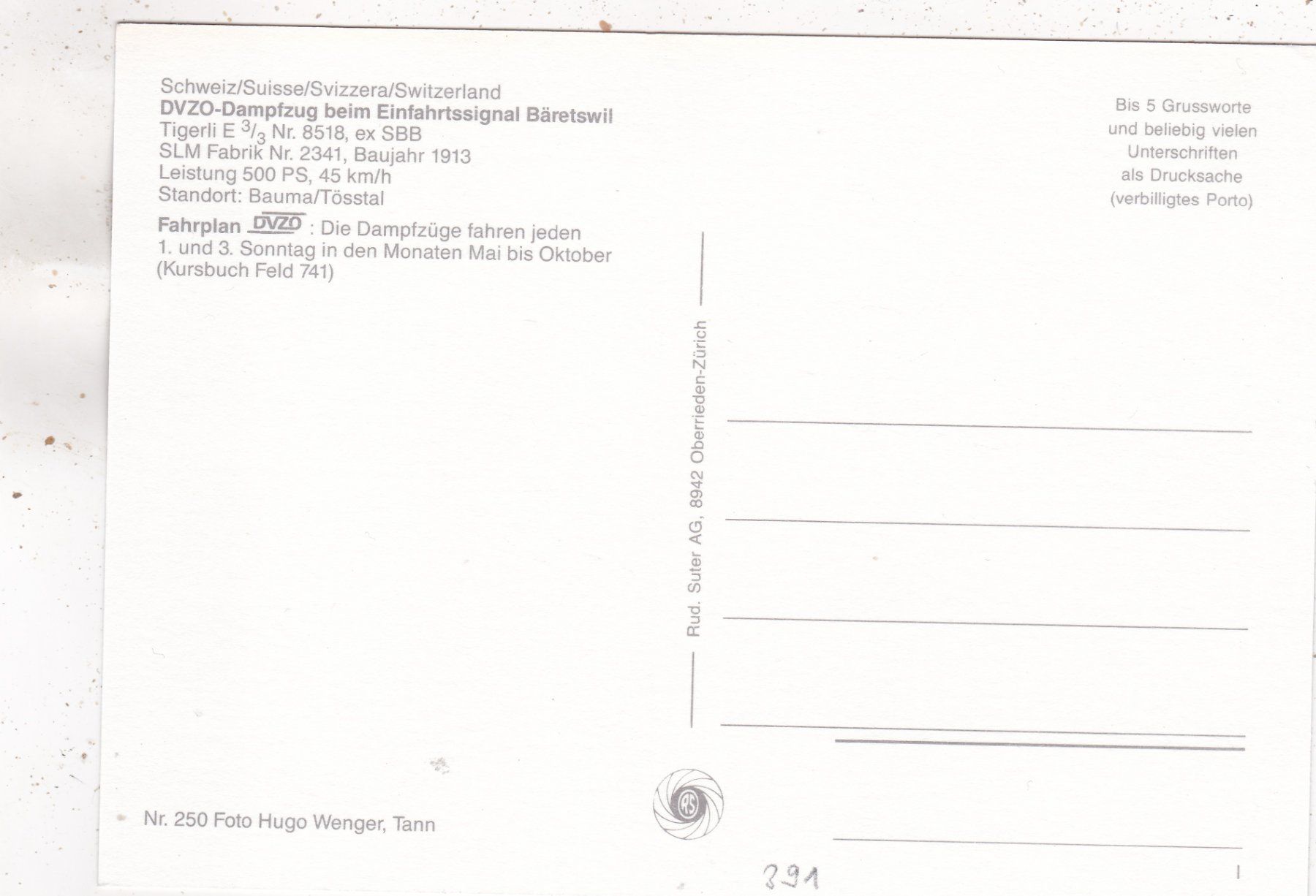 Cartoline postali: DVZO Dampfzug beim Einfahrtssignal Bäretswil  Tigerli – Usato da Herisau venduto da Lisegrat2008 1