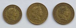 3 Messing 5 Rappen und 10 Rappen Münzen von 1918 und 1919