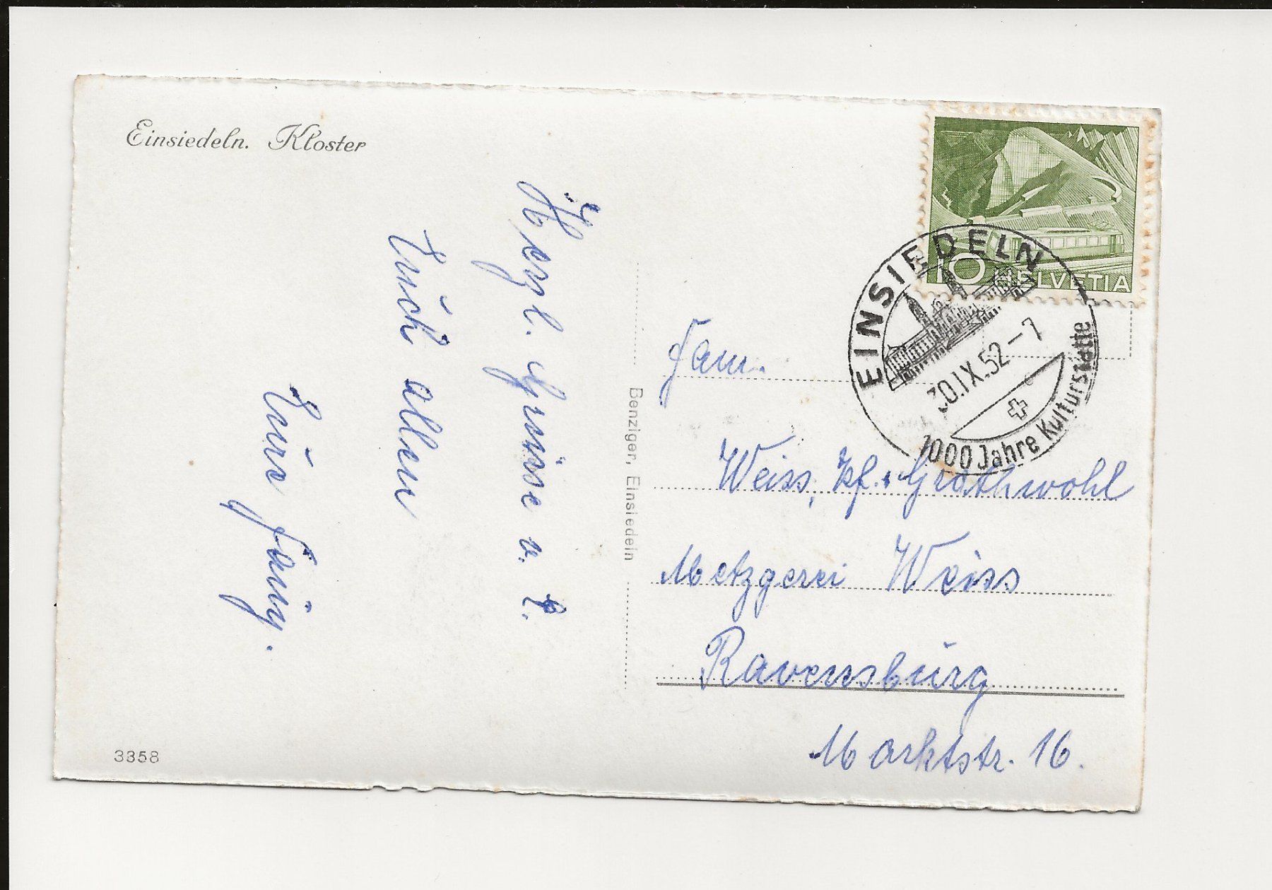Cartoline postali: AK 1952 Einsiedeln Kloster  belebt – Usato da Greifensee venduto da 315WDO 1