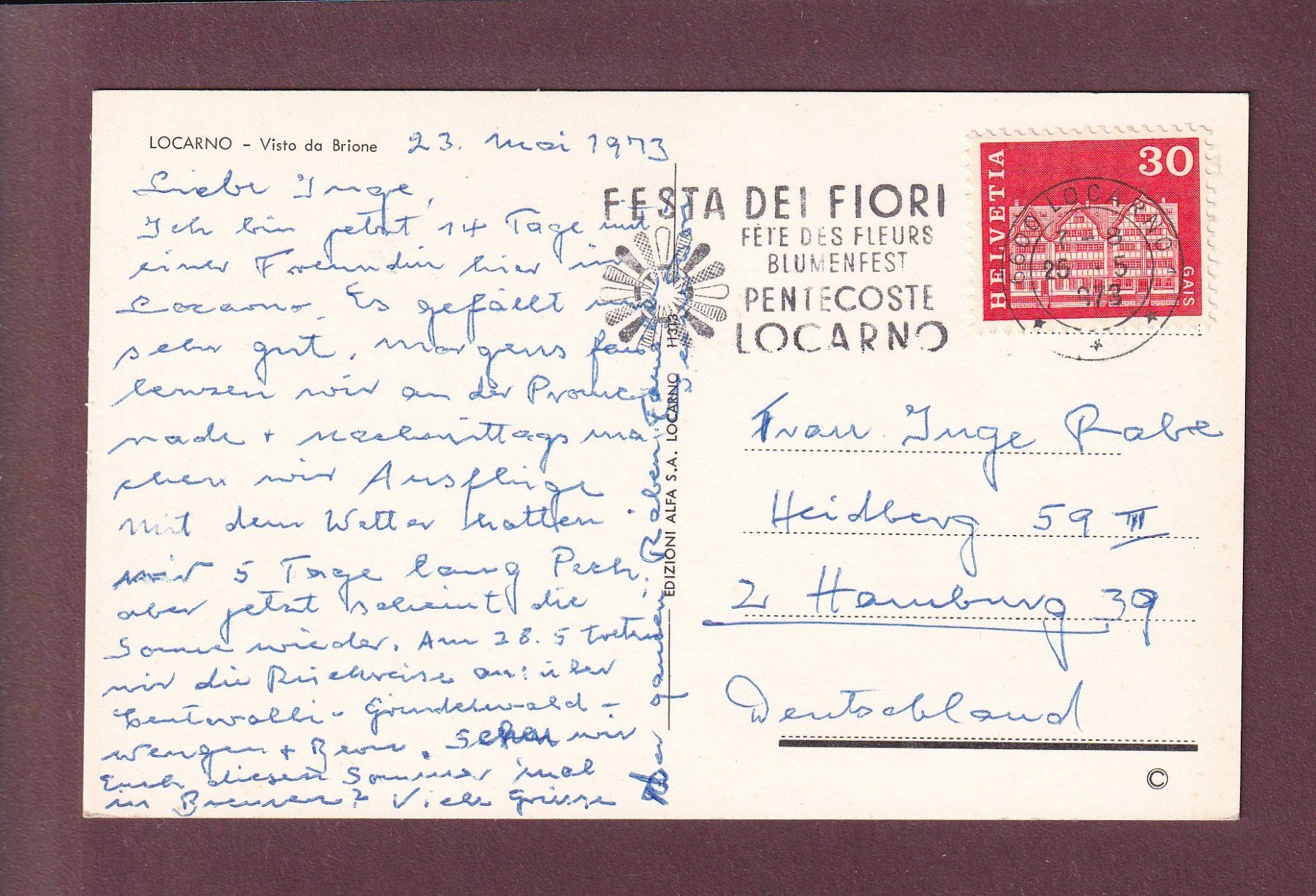 Cartoline postali: LOCARNO - Visto da Brione - 1973 – Usato da Pully venduto da nicecards 1