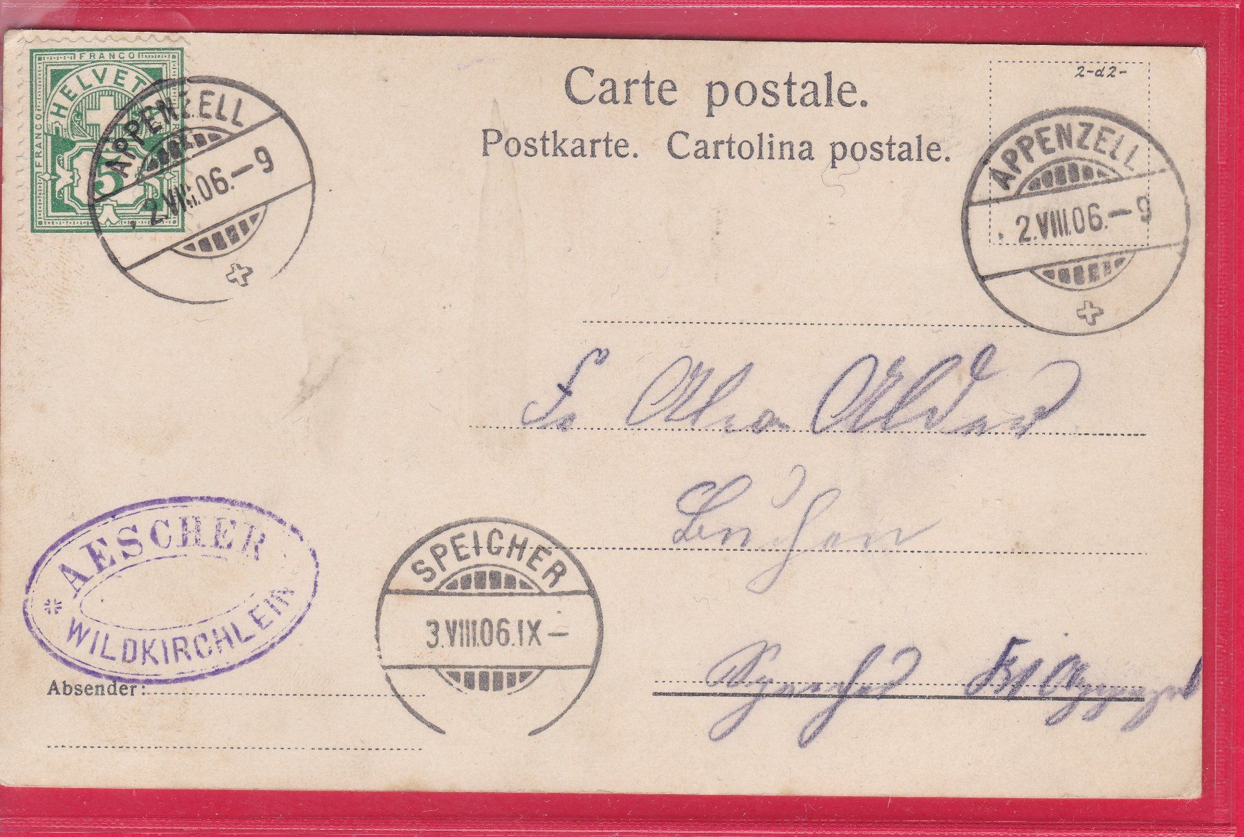 Cartoline postali: GRUSS VON GASTHAUS AESCHER, 2.8.1906 – Usato da Oberrieden venduto da Gebirgsstelze 1