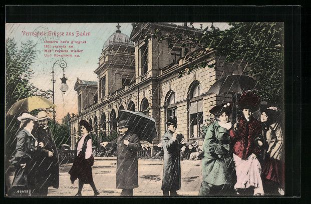 Cartoline postali: AK Baden, Kurgäste im Regen, 1912 – Usato da Berlin venduto da bartko-reher