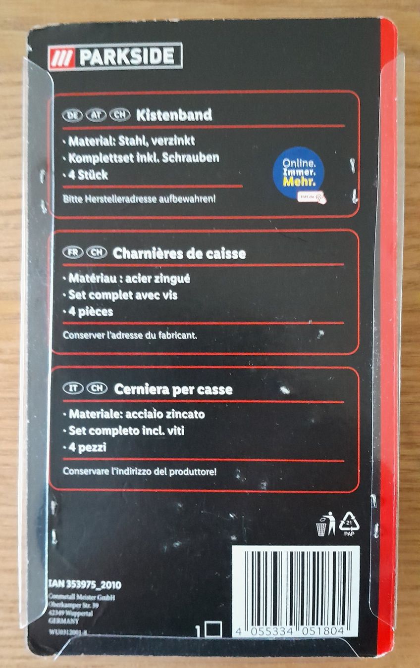 Ferramenta: Scharniere, Kistenband – Nuovo e nell'imballaggio originale da Adlikon b. Andelfingen venduto da Kraemse 1