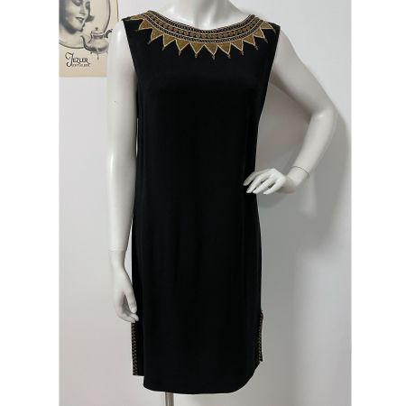 Kleid schwarz Crèpe M mit Gold-Metall-Stickerei VINTAGE 60s