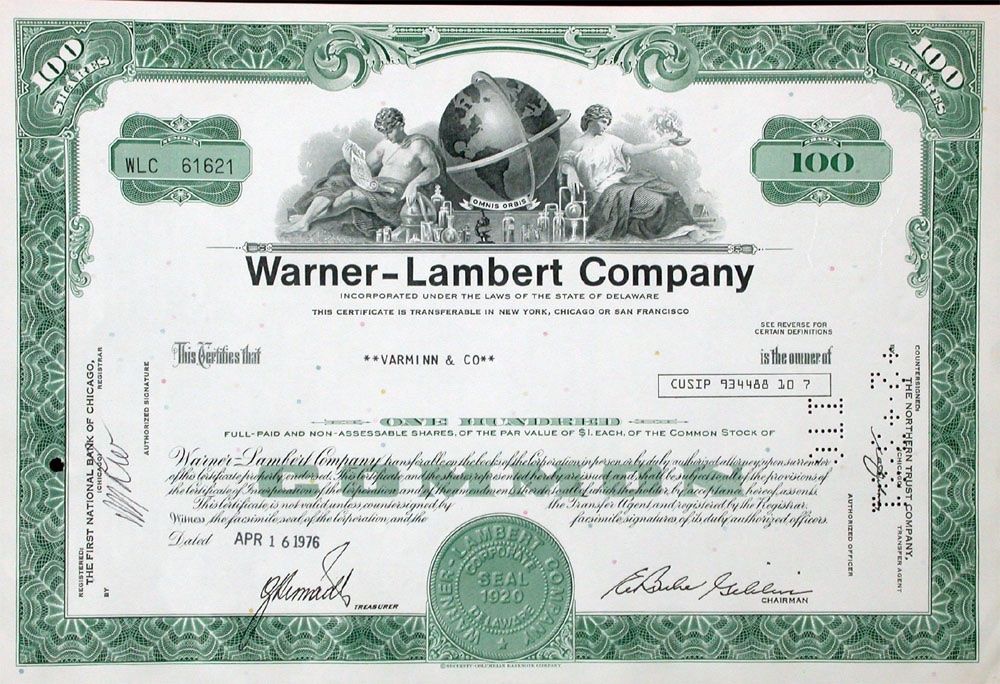Documenti: Warner-Lambert Company - 1976 – Usato da Solothurn venduto da Sgasche
