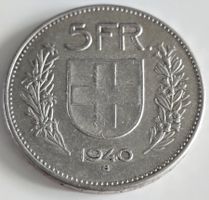5 Franken Münze 1940 Schweiz, schöne Erhaltung.