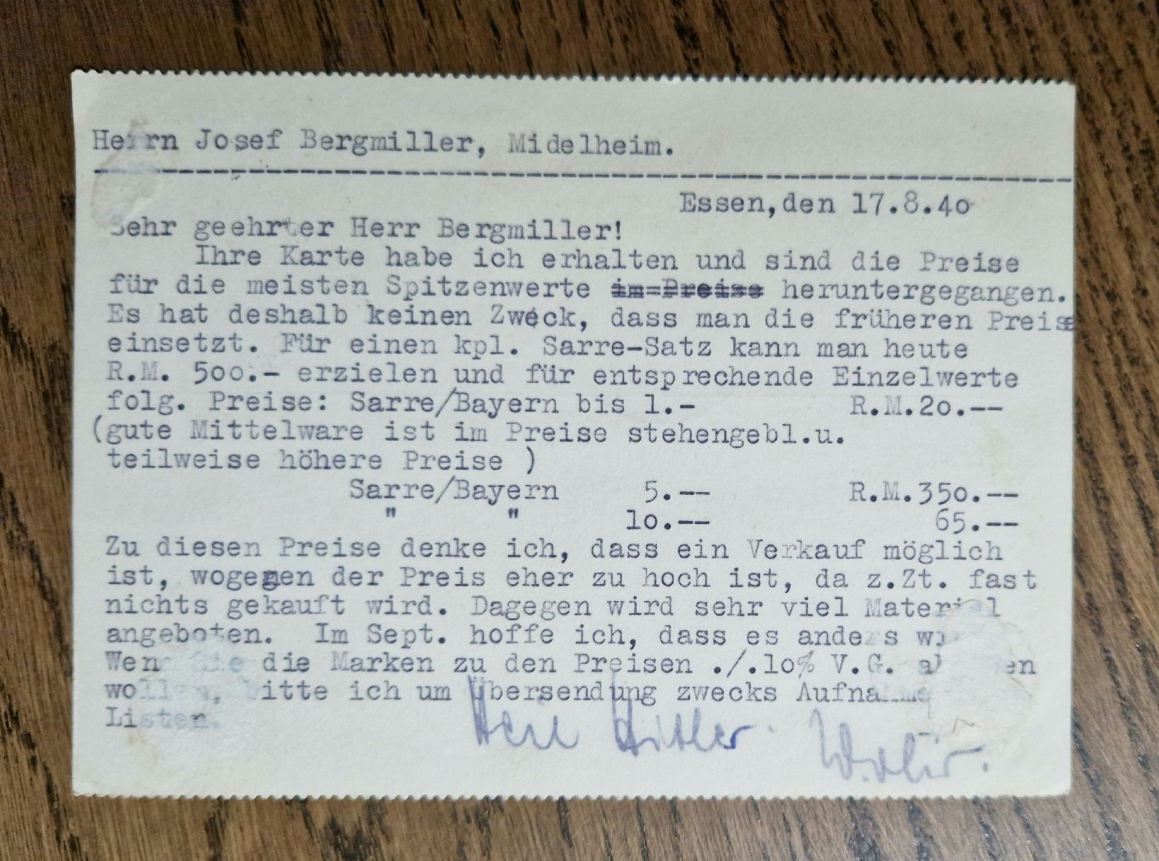 Cartoline postali: Postkarte Briefmarkenhandel, Einblick 1940 Essen – Usato da Ebikon venduto da Donar50 1