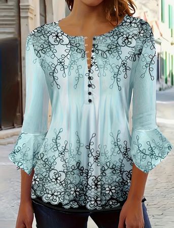 Bluse mit floralem Muster und Knopfleiste, lässige Bluse
