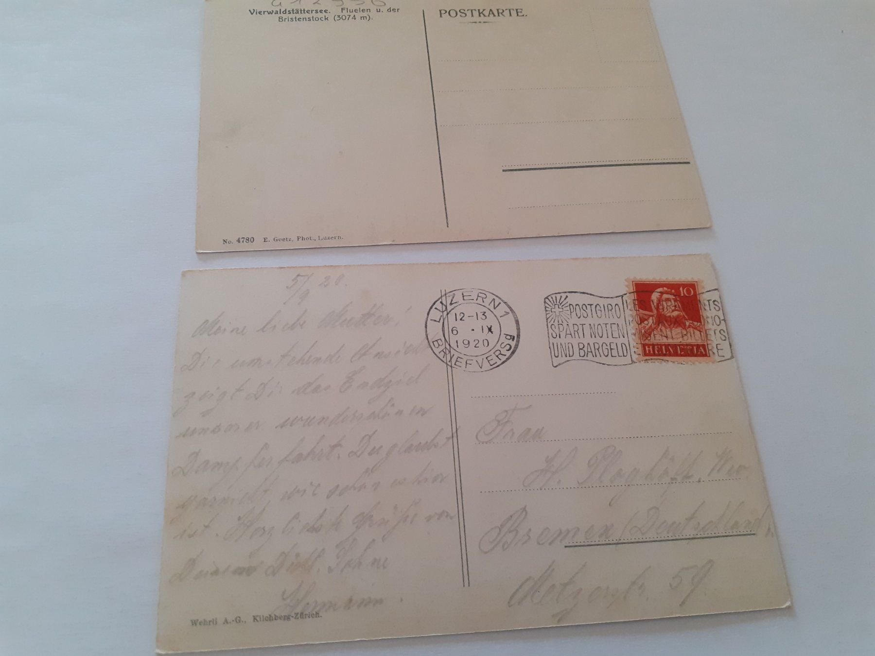 Ansichtskarten: FLUELEN und BRISTENSTOCK - 1920 – Gebraucht aus Winterthur von Ornyx7 1