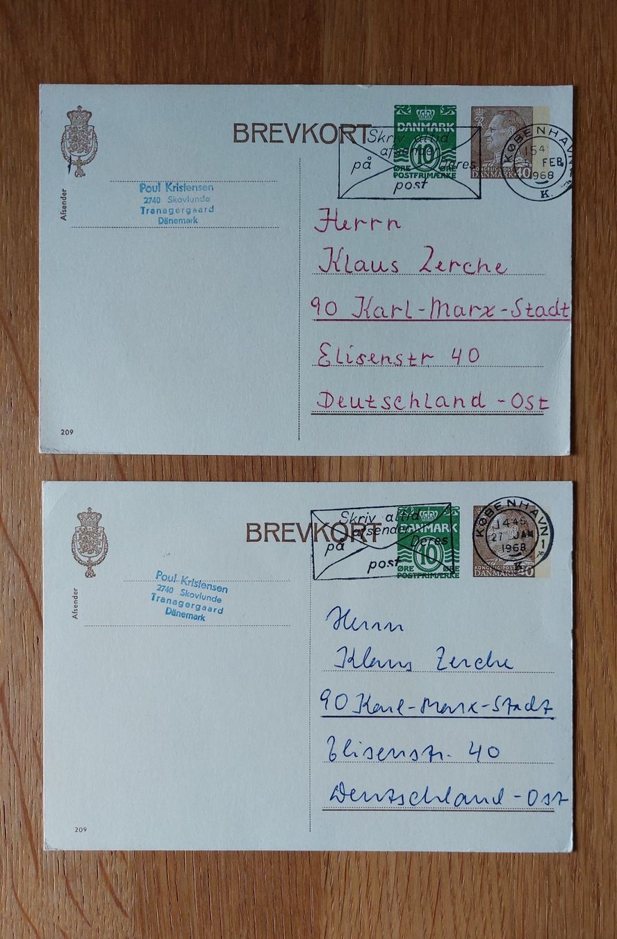 Cartoline postali: 2 Postkarten Dänemark 1968 – Usato da Küsnacht ZH venduto da MADZH