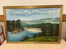 Tableau paysage lac campagne style classique cadre doré 5...