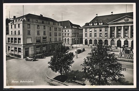 Cartoline postali: Aarau, Bahnhofplatz mit Hotel-Restaurant – Usato da Berlin venduto da bartko-reher