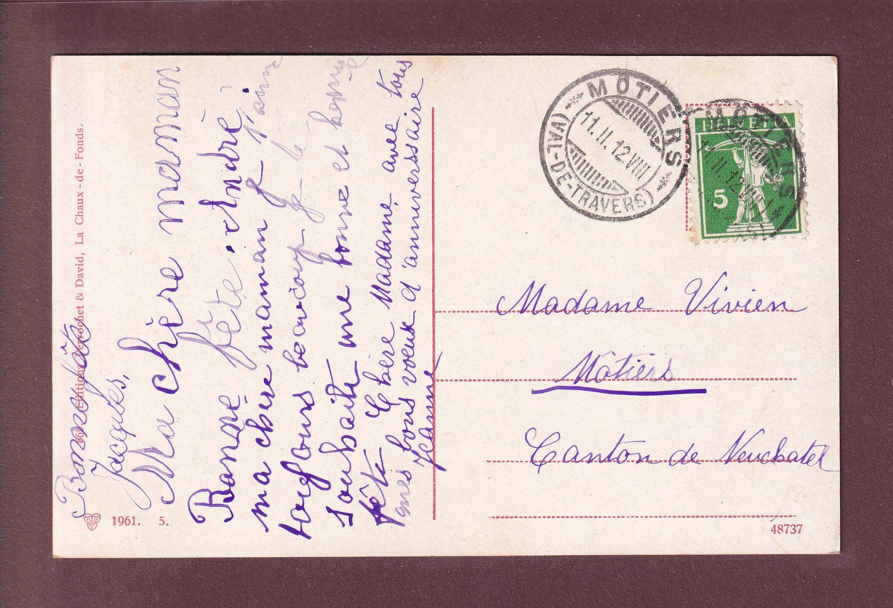 Cartoline postali: MÔTIERS - Eglise - 1912 – Usato da Pully venduto da nicecards 1