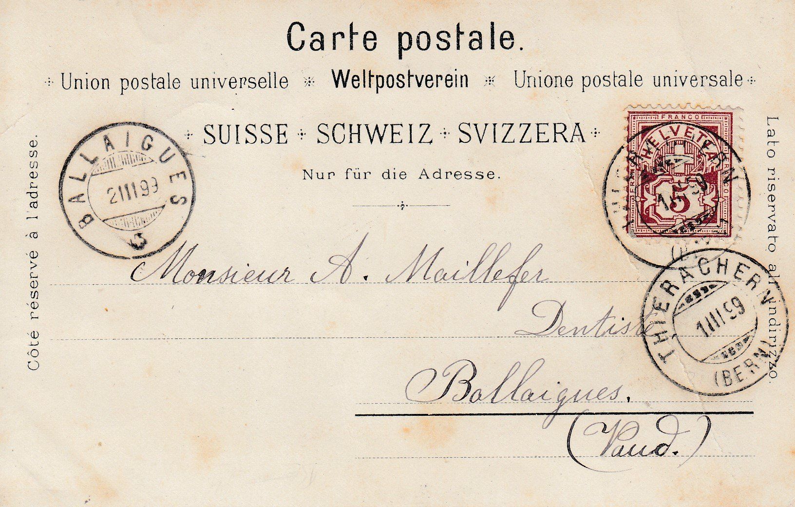 Cartoline postali: Thun  BE       um  1 8 9 9 – Usato da Brig venduto da Valcards54 1