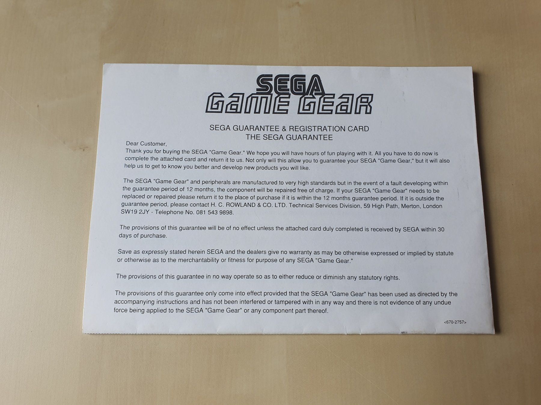 Sega Giochi: Game Gear Konsole Garantie Dokument – Usato da Stansstad venduto da collectorsshop