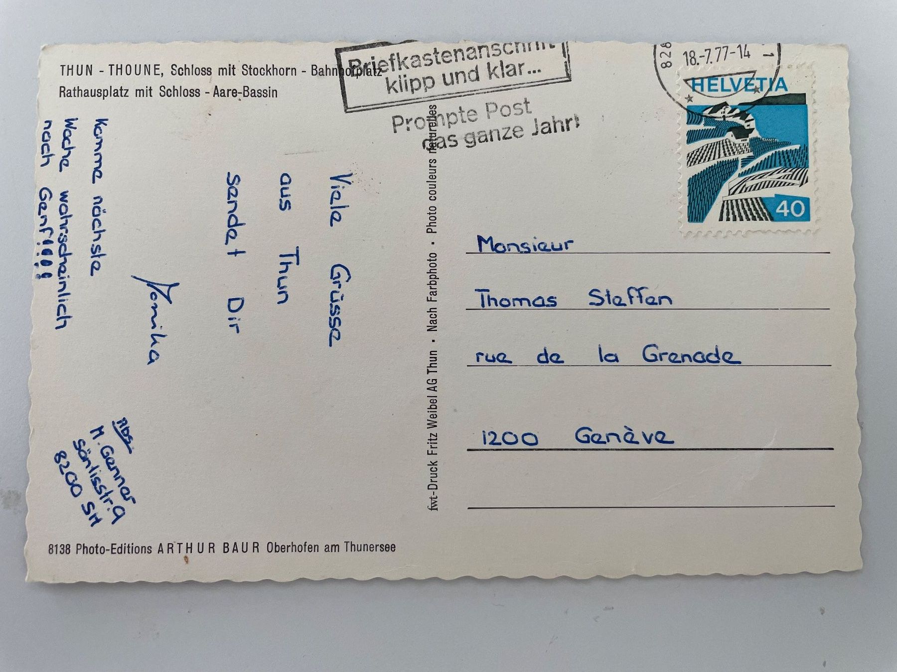 Cartoline postali: Alte Ansichtskarte von Thun Top Zustand, 1977 – Usato da Stäfa venduto da riccardinho 1