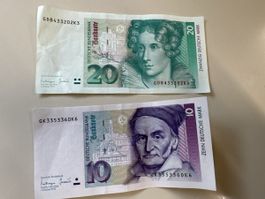 10 und 20 Deutsche Mark Banknoten   