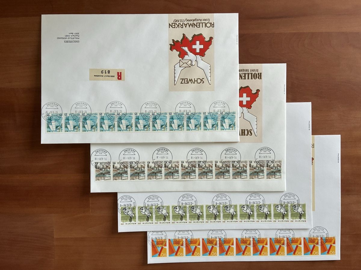 Tutti i francobolli: 4 Rollenmarken-Ersttagsbriefe, 11er-Streifen – Usato da Basel venduto da luginbhl1431