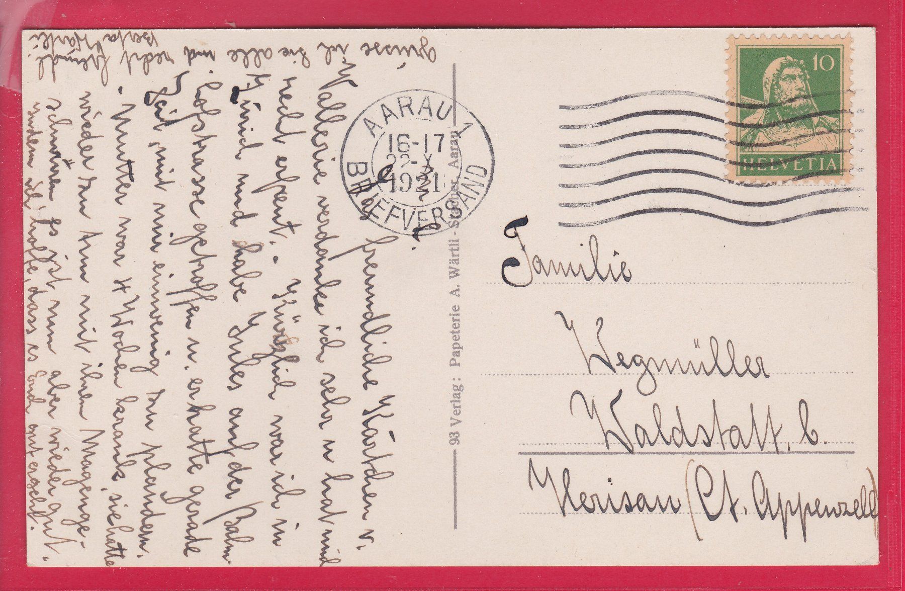 Ansichtskarten: AARAU, RATHAUSGASSE, 22.10.1921 – Gebraucht aus Oberrieden von Gebirgsstelze 1
