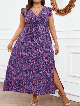 Maxikleid mit Schlitz lila / pink Gr. 56 / 58 / 60