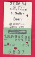 KARTON BILLETT, ST.GALLEN - BERN, 1.KLASSE, RETOUR, HALBTAX