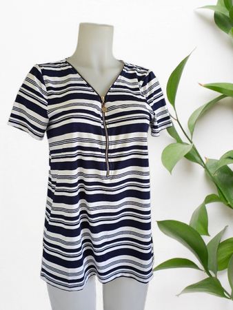Damen T-Shirt blau weiss gestreift mit Reissverschluss