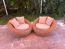 2 Loungesessel Rattan rund mit Kissen beige, einzeln möglich