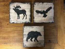 3er Set Wandbilder Holzoptik Hirsch Bär Vogel Deko von Ikea
