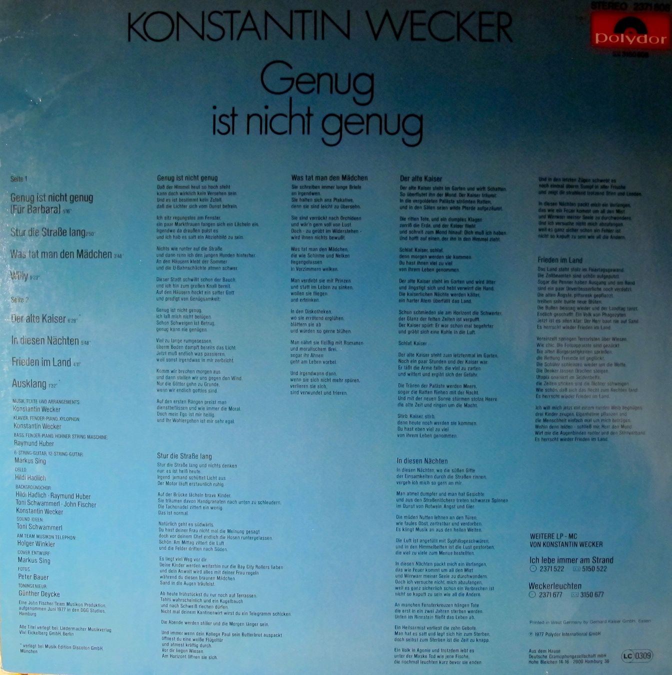 Dischi in vinile: Konstantin Wecker - Genug Ist Nicht Genug – Usato da Bern venduto da hippoism 1