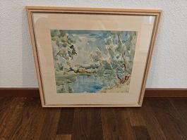 Aquarell Landschaft am Fluss – Originalgemälde im Rahmen
