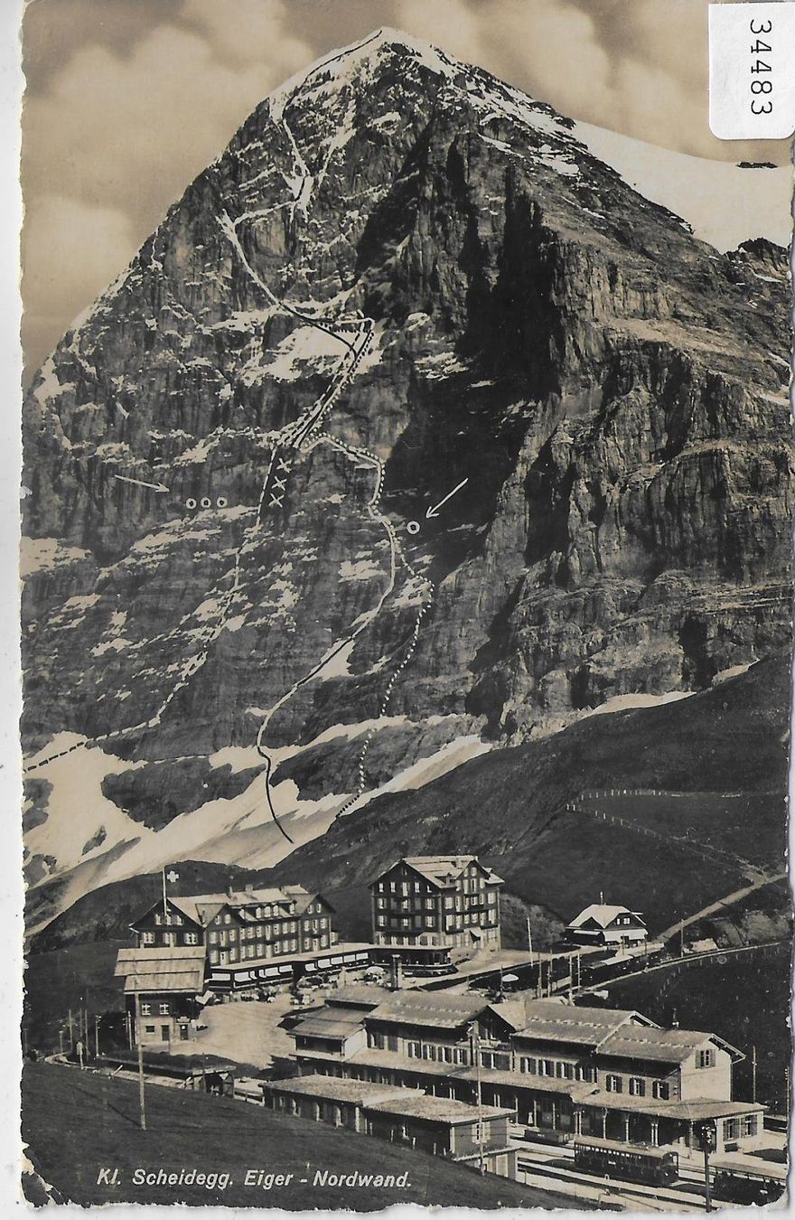 Cartoline postali: Kl. Scheidegg - Eiger-Nordwand mit Kletterrouten – Difettoso da Ettingen venduto da Kartenplanet