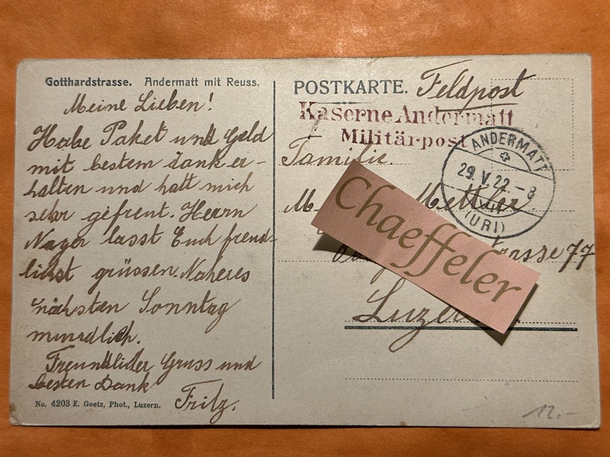 Cartoline postali: 1922 Gotthardstrasse.  Andermatt mit Reuss  – Usato da Zürich venduto da Chaeffeler 1
