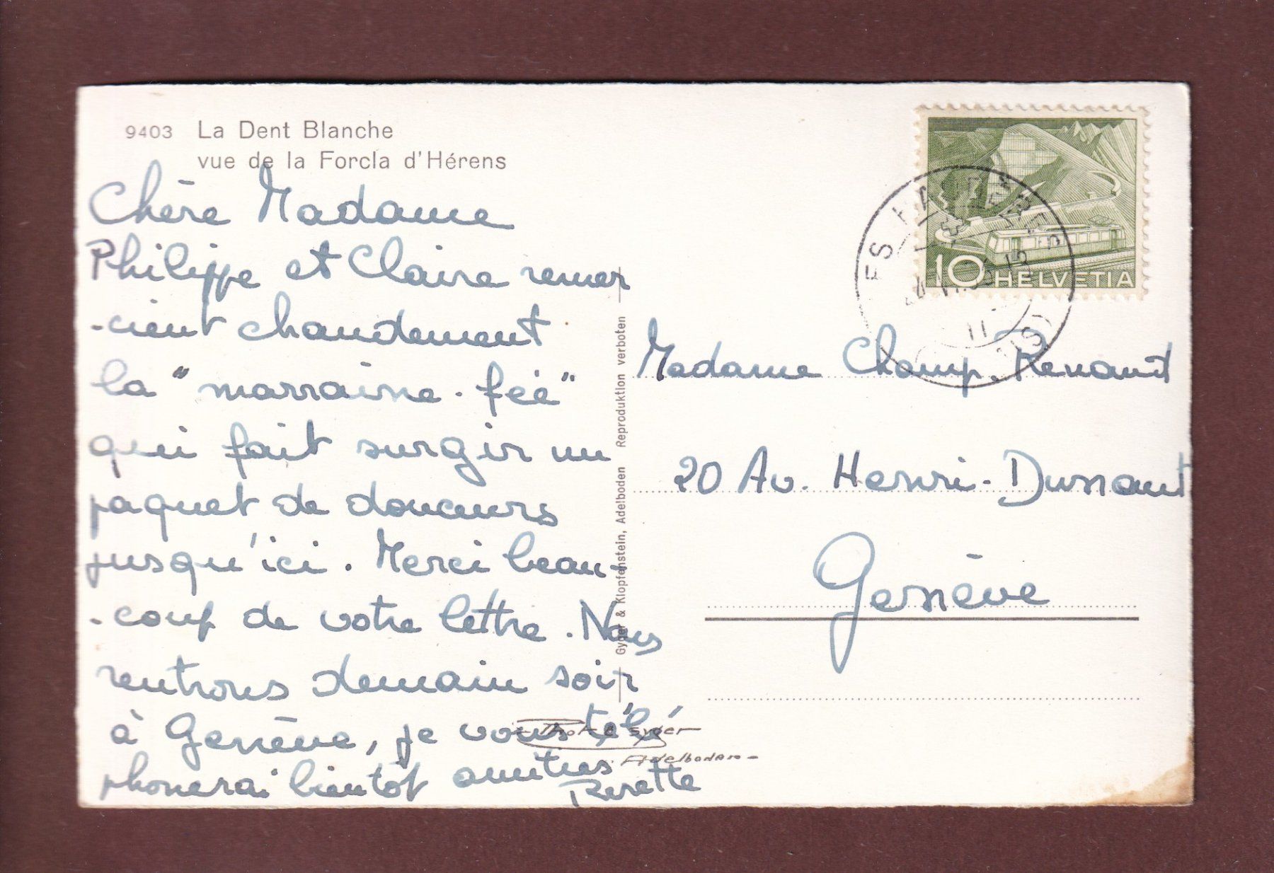 Cartoline postali: FORCLA D'HERENS - Dent Blanche - 1956 – Usato da Pully venduto da nicecards 1