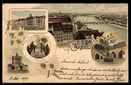 Lithographie Basel, Rathaus, Spalentor, St. Jacob-Denkmal