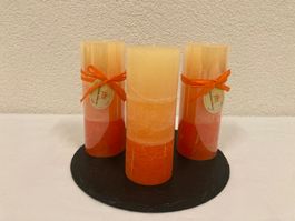 Kerzen - Set Orange abgestuft, Raureif, 3 Stück a 6,8 x 18cm