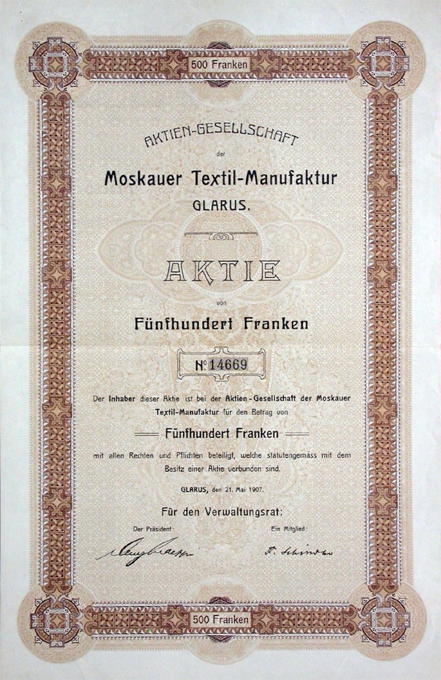 Documenti: AG der Moskauer Textil-Manufaktur, Glarus - 1907 – Usato da Solothurn venduto da Sgasche