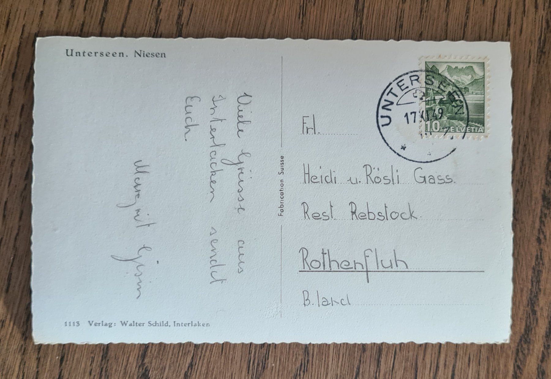 Cartoline postali: Unterseen Niesen 1949 – Usato da Ebikon venduto da Donar50 2