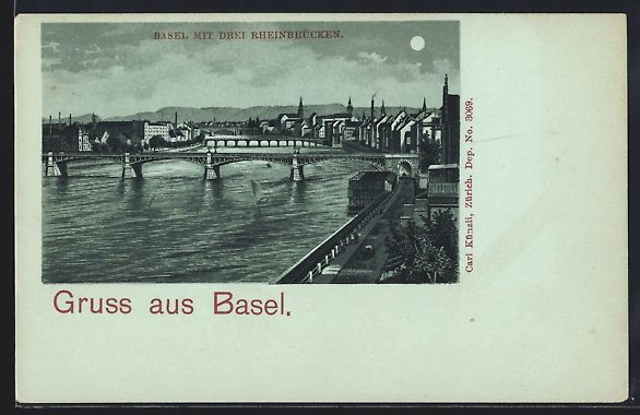 Ansichtskarten: Mondschein-AK Basel, Ortsansicht mit dre – Gebraucht aus Berlin von bartko-reher