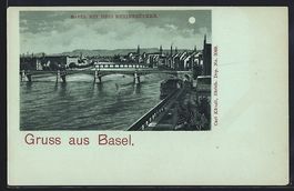 Mondschein-AK Basel, Ortsansicht mit dre