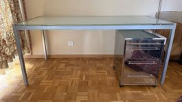 Table de bureau en verre avec caisson tiroirs de rangement